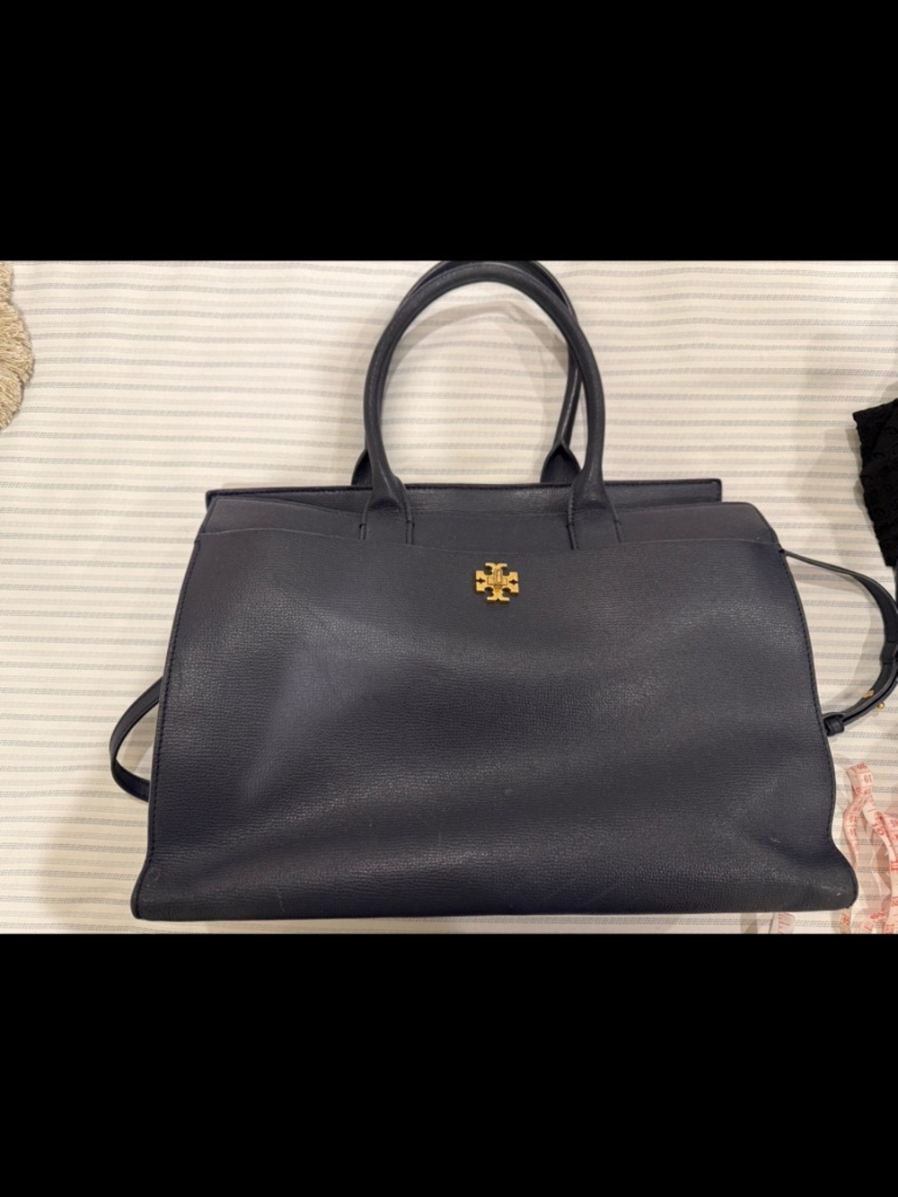 Tory Burch Navy Pebbled Leather Tote with Gold Emblem